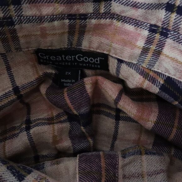 Greater Good Plus Size 2X Beige Pink Purple Plaid Long Sleeve Button Front Top - Picture 5 of 5